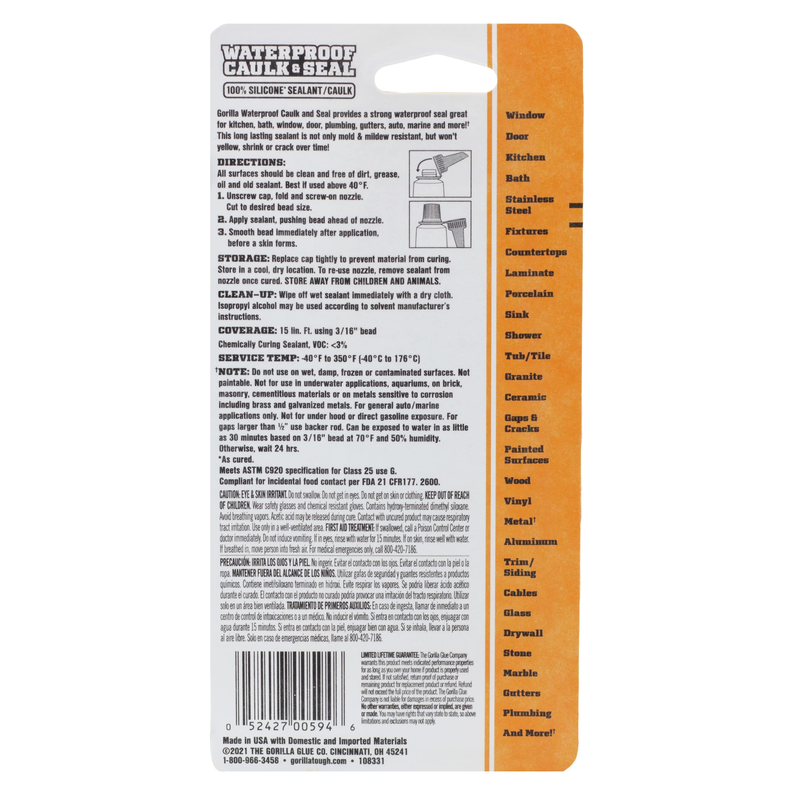 Gorilla 100% Silicone Caulk, Waterproof Sealant, 2.8oz Squeeze Tube (Pack of 2) – White -10 Year Mold Resistant Kitchen, Window, Bath, Marine, Door and More - Image 6