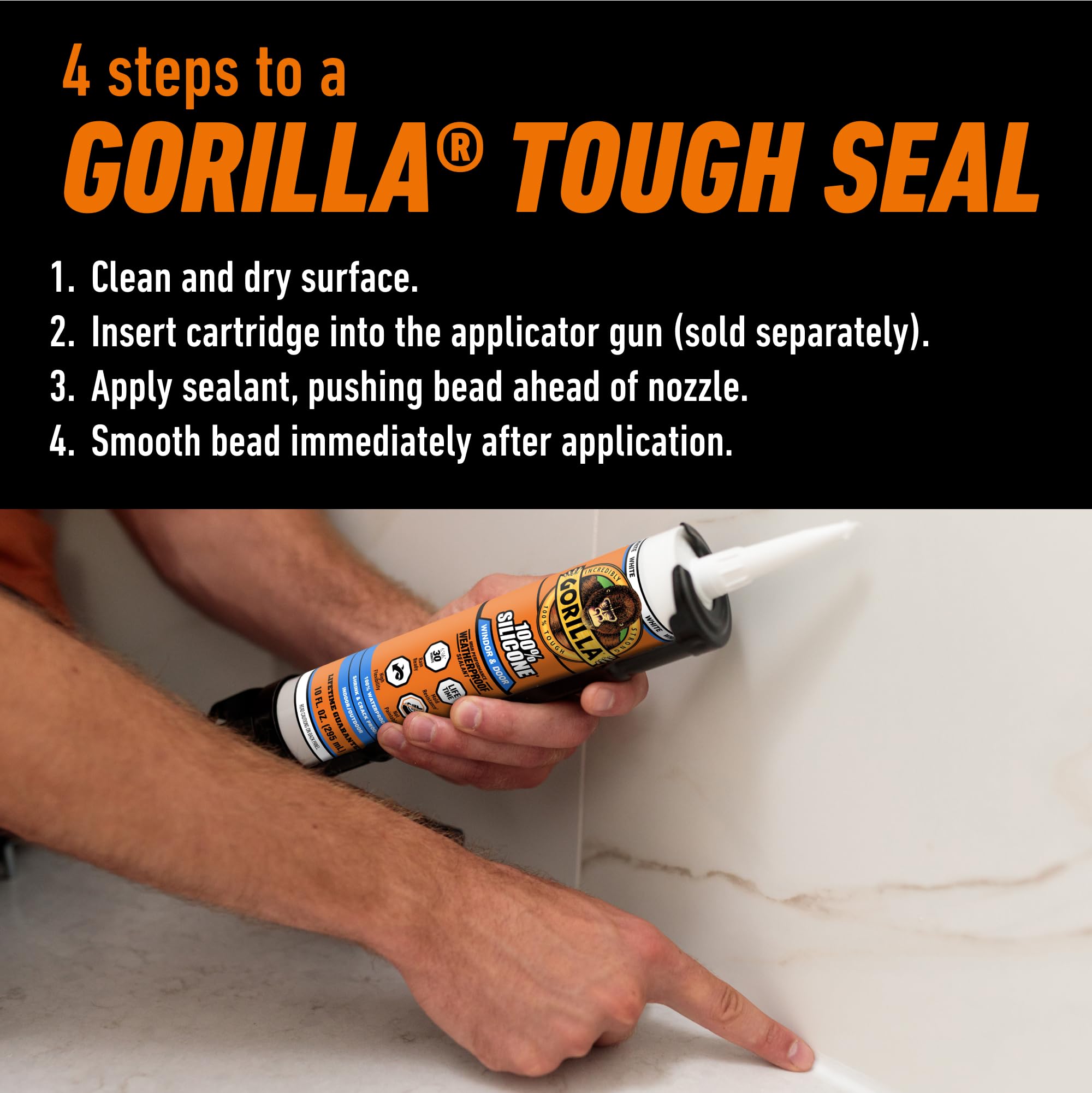 Gorilla 100% Silicone Sealant Caulk Window & Door, 10 Ounce Cartridge, White - Image 5