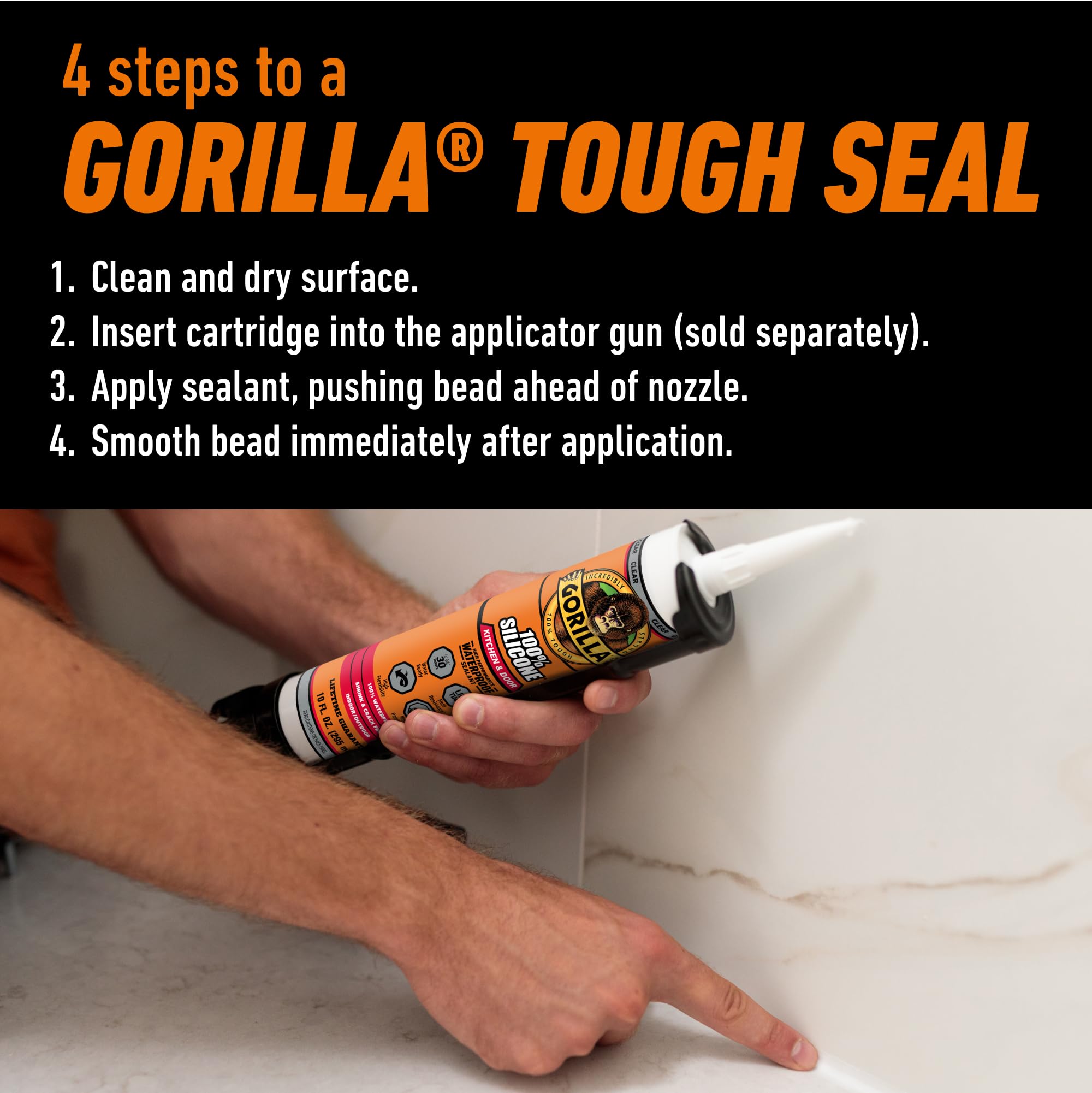 Gorilla 100% Silicone Sealant for Kitchen and Bathroom, 10 oz Cartridge, Clear - Image 5