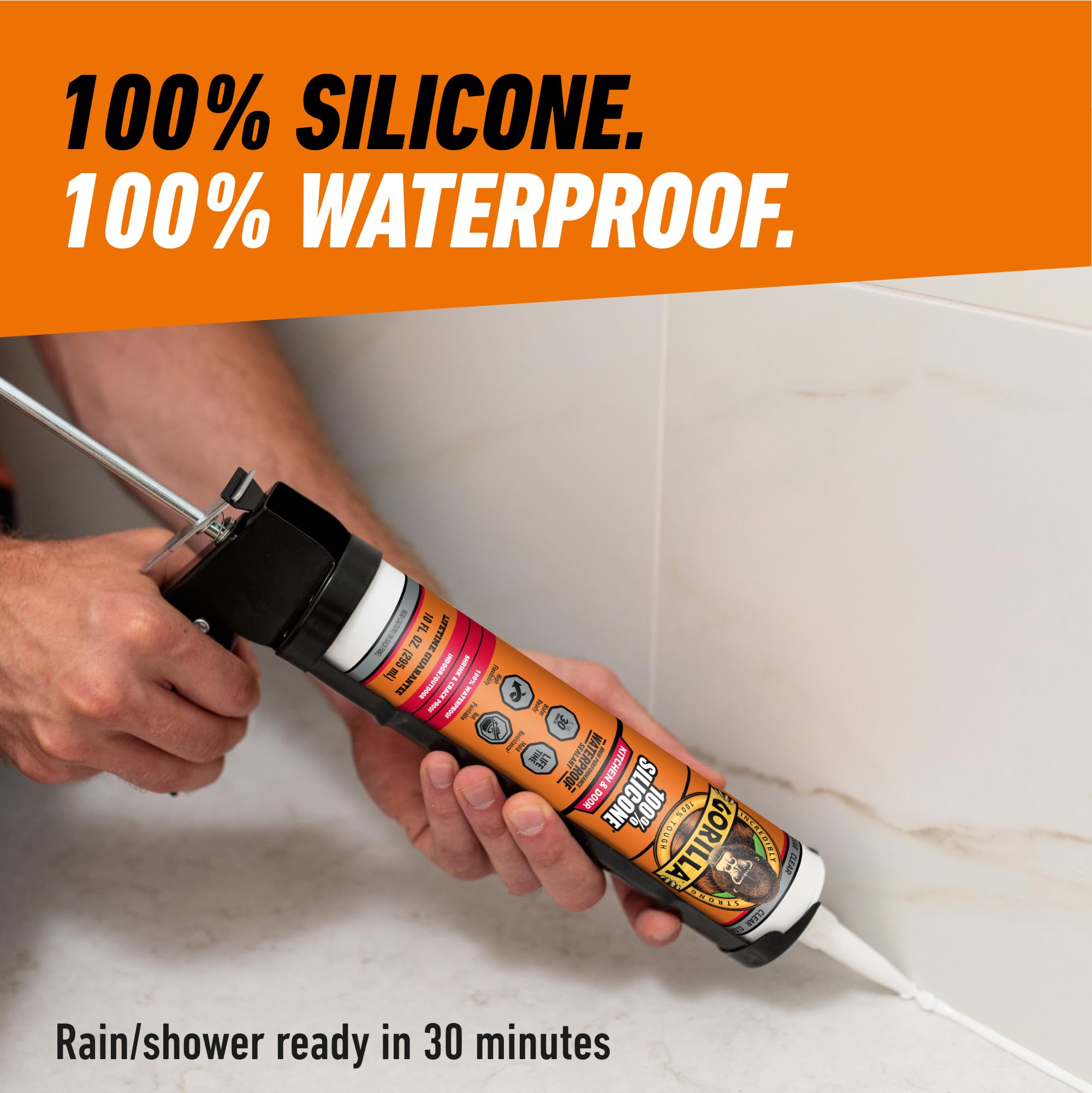Gorilla 100% Silicone Sealant for Kitchen and Bathroom, 10 oz Cartridge, Clear - Image 6