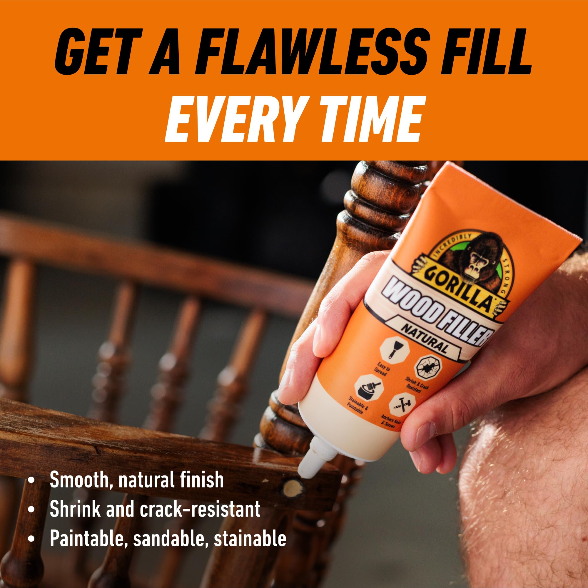 Gorilla All Purpose Wood Filler, Natural Color, 6 Ounce Tube (Pack of 1) - Water Resistant for Indoor or Outdoor Projects and Repairs - Image 4