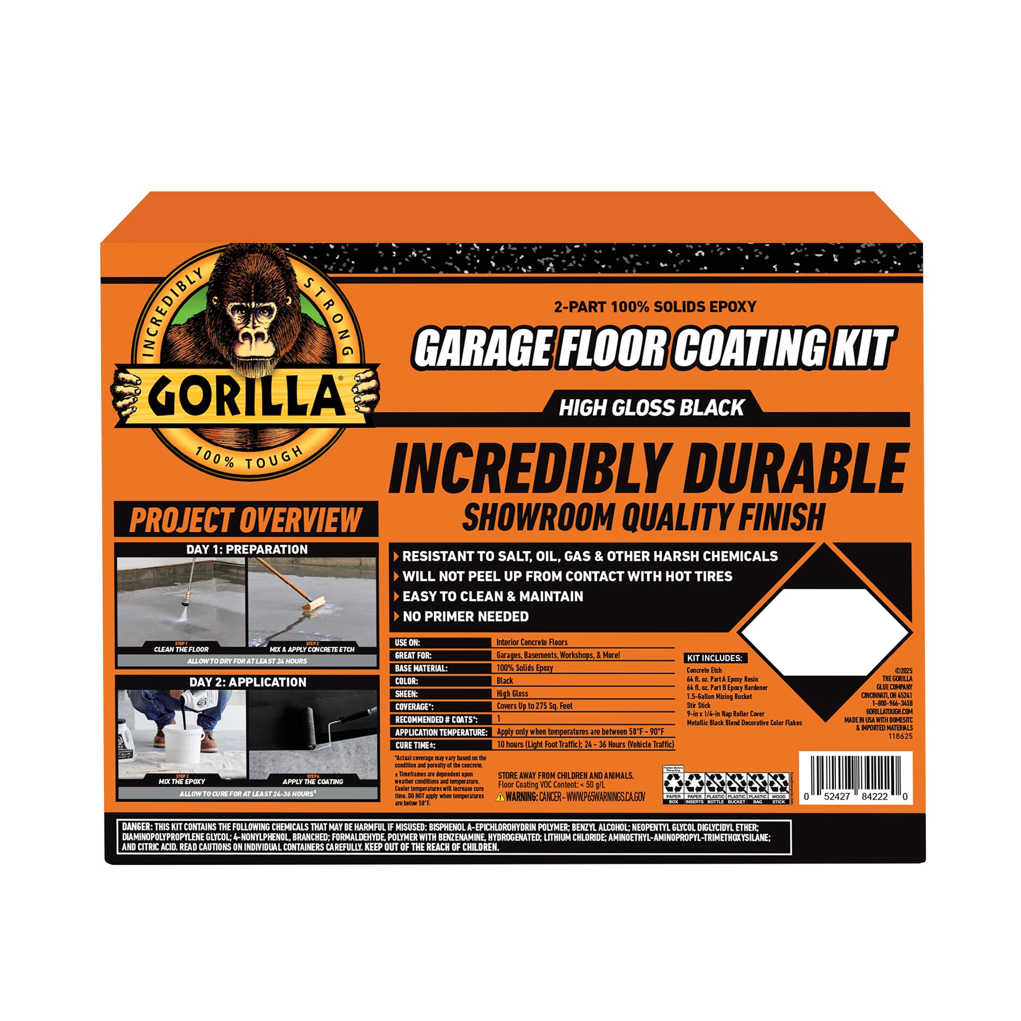 Gorilla Epoxy Garage Floor Coating (7 pc) Kit, 1-Car, Concrete Flooring, 100% Solids, Superior Adhesion, Incredibly Durable High Gloss Black Finish, 275 sq. ft. Coverage - Image 10