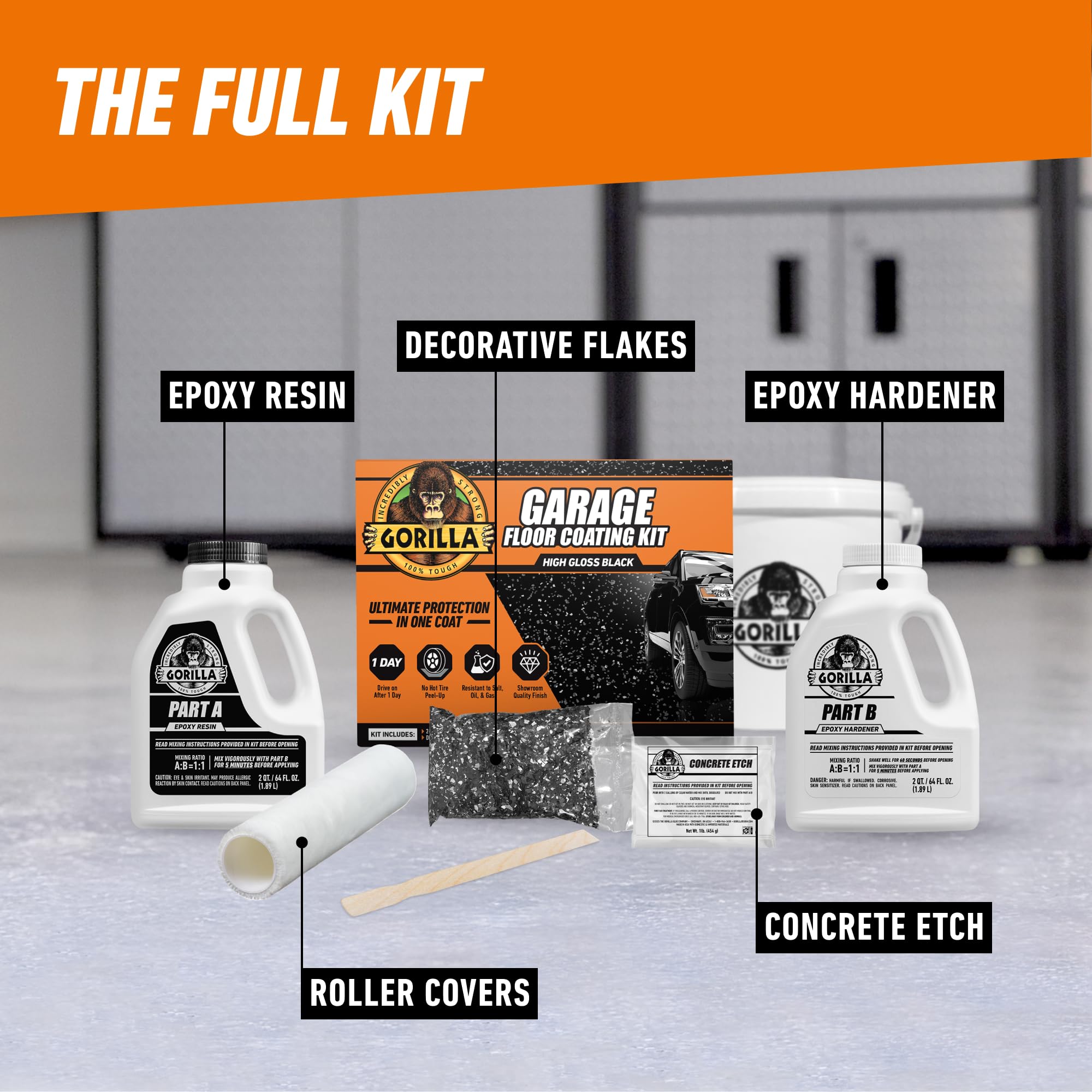 Gorilla Epoxy Garage Floor Coating (7 pc) Kit, 1-Car, Concrete Flooring, 100% Solids, Superior Adhesion, Incredibly Durable High Gloss Black Finish, 275 sq. ft. Coverage - Image 6