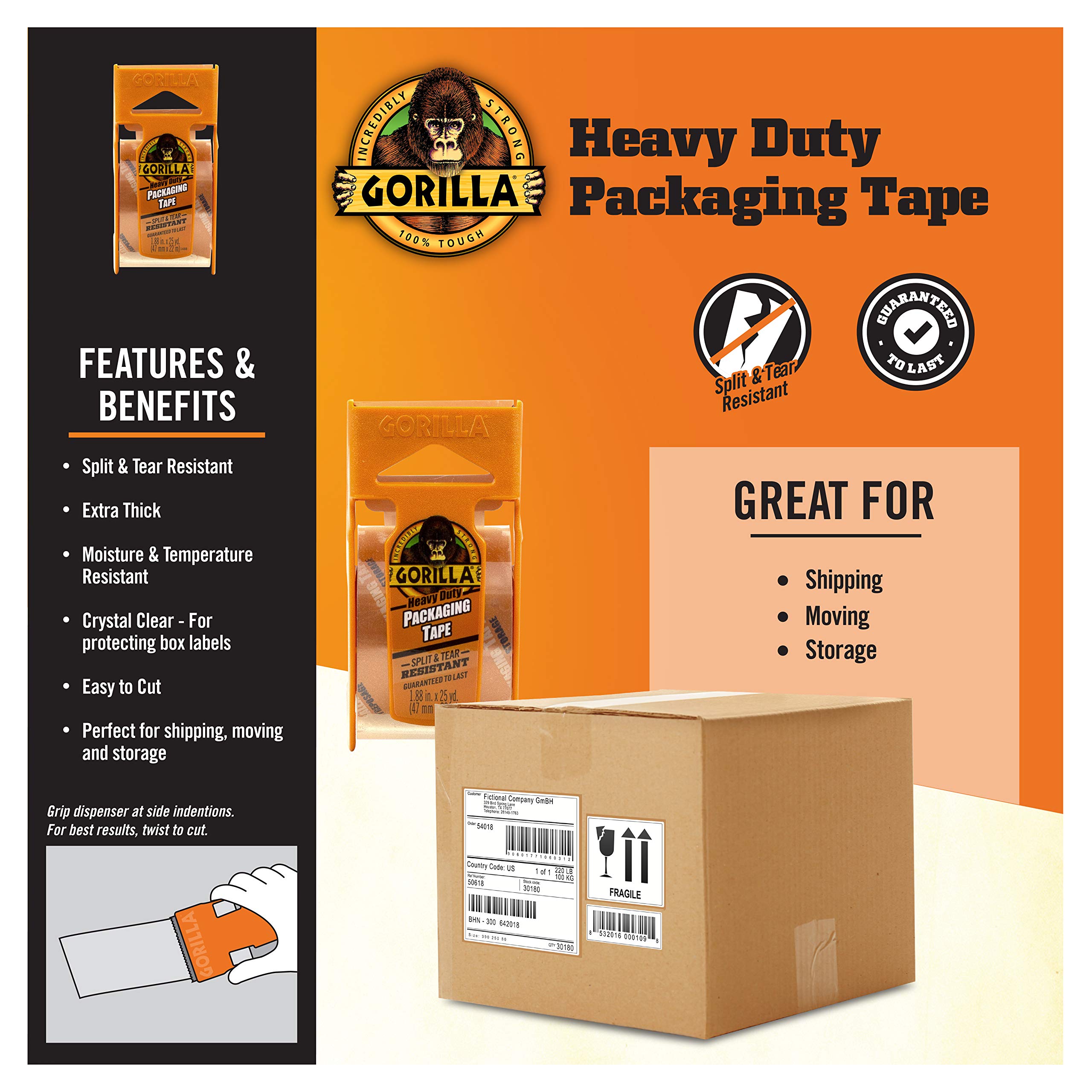 Gorilla Heavy Duty Packing Tape with Dispenser for Moving, Shipping and Storage, 1.88" x 25 yd, Clear, (Pack of 9) - Image 4