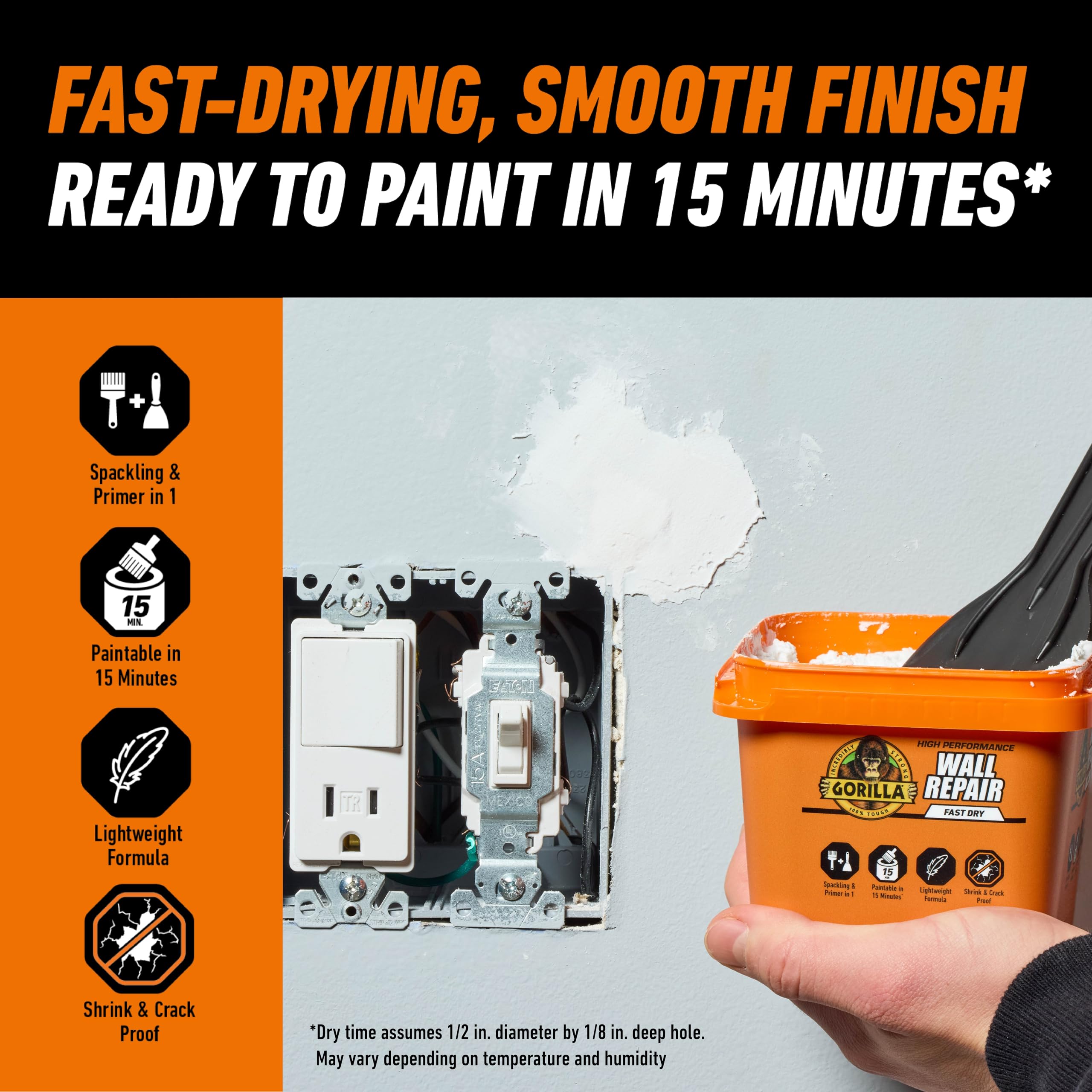 Gorilla Heavy Duty Wall Repair Spackling + Primer, 16 Ounce Tub,White - Image 5