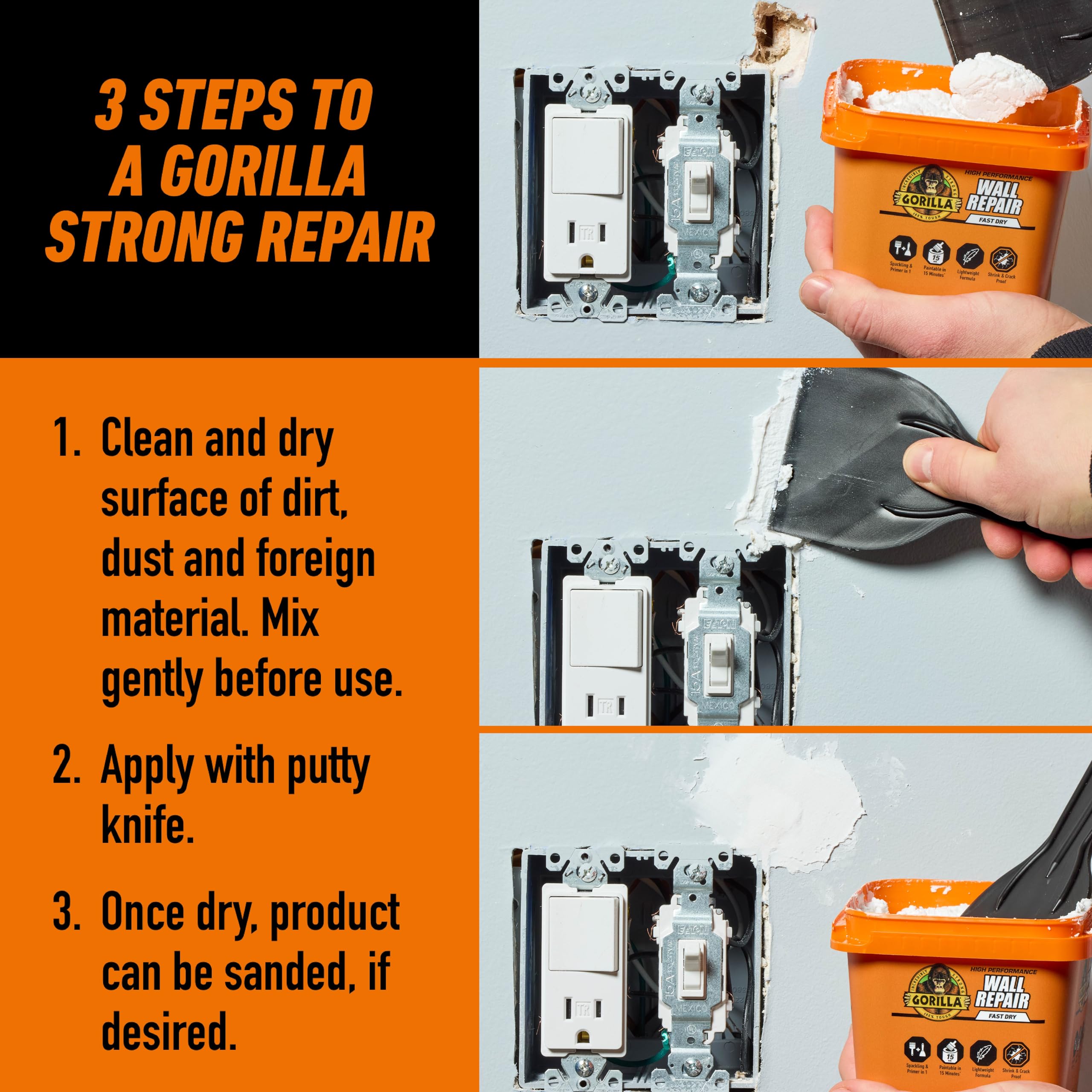 Gorilla Heavy Duty Wall Repair Spackling + Primer, 16 Ounce Tub,White - Image 7