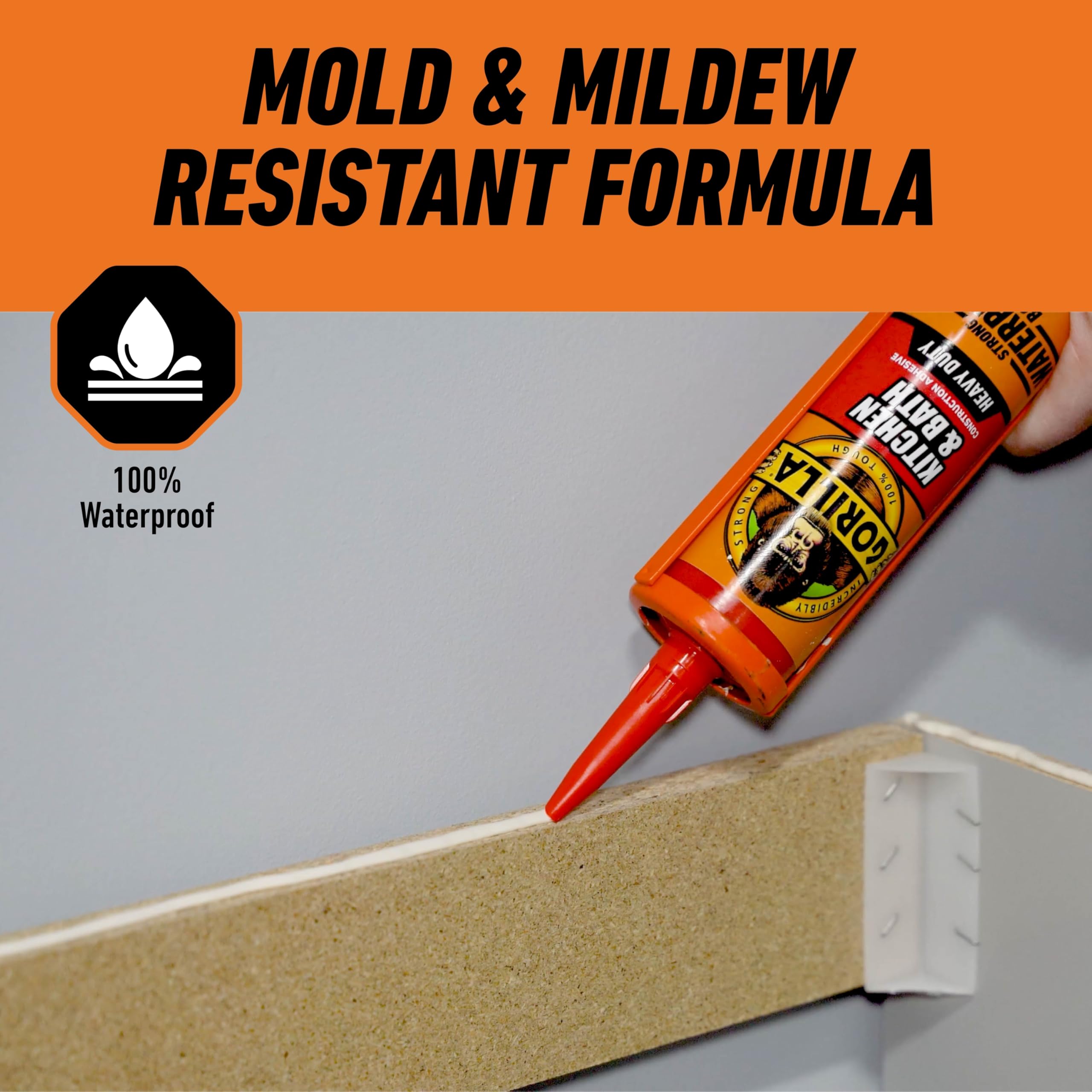 Gorilla Kitchen & Bath Construction Adhesive, Heavy Duty Strong Waterproof Bond, White, 9 fl. oz. Cartridge - Image 4