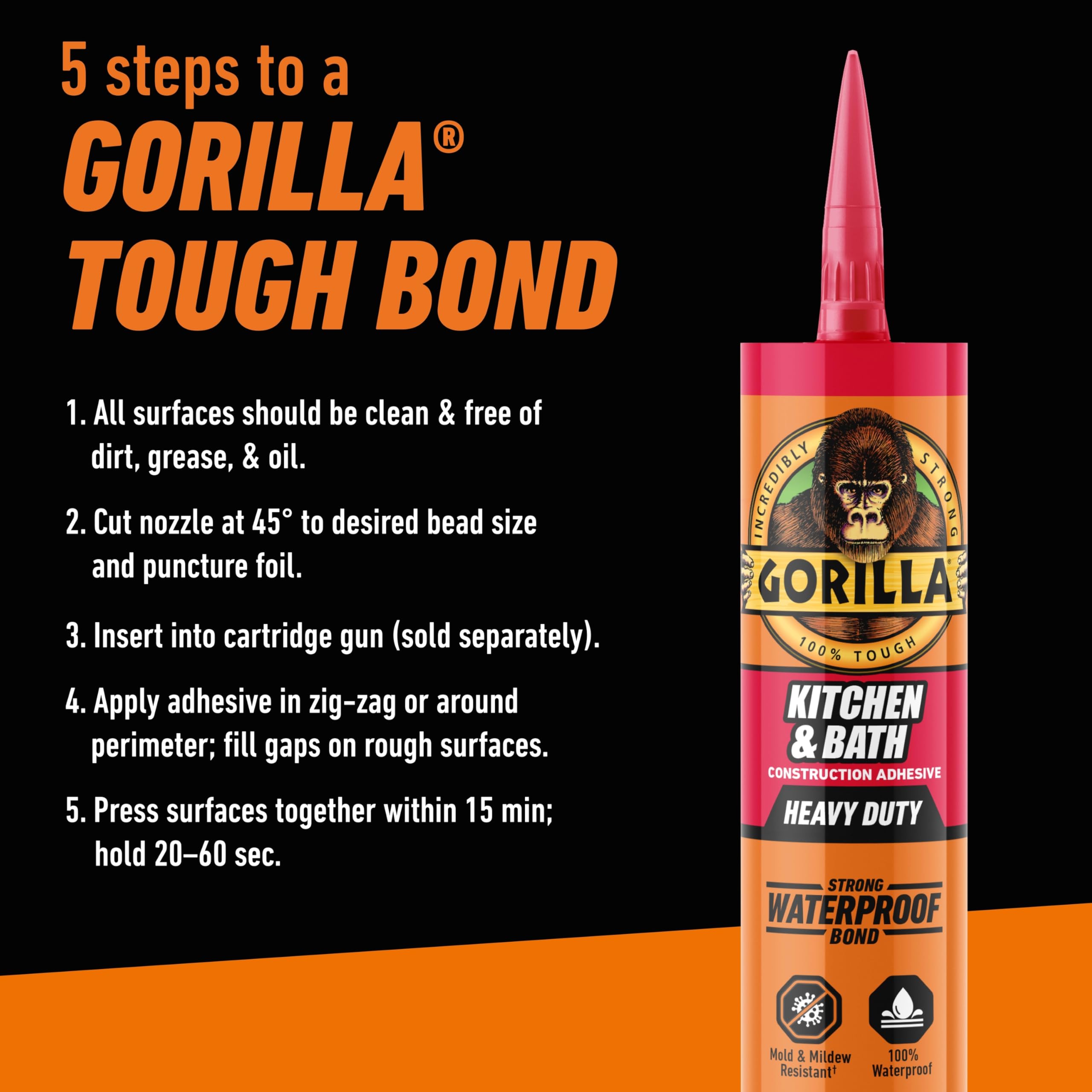 Gorilla Kitchen & Bath Construction Adhesive, Heavy Duty Strong Waterproof Bond, White, 9 fl. oz. Cartridge - Image 6