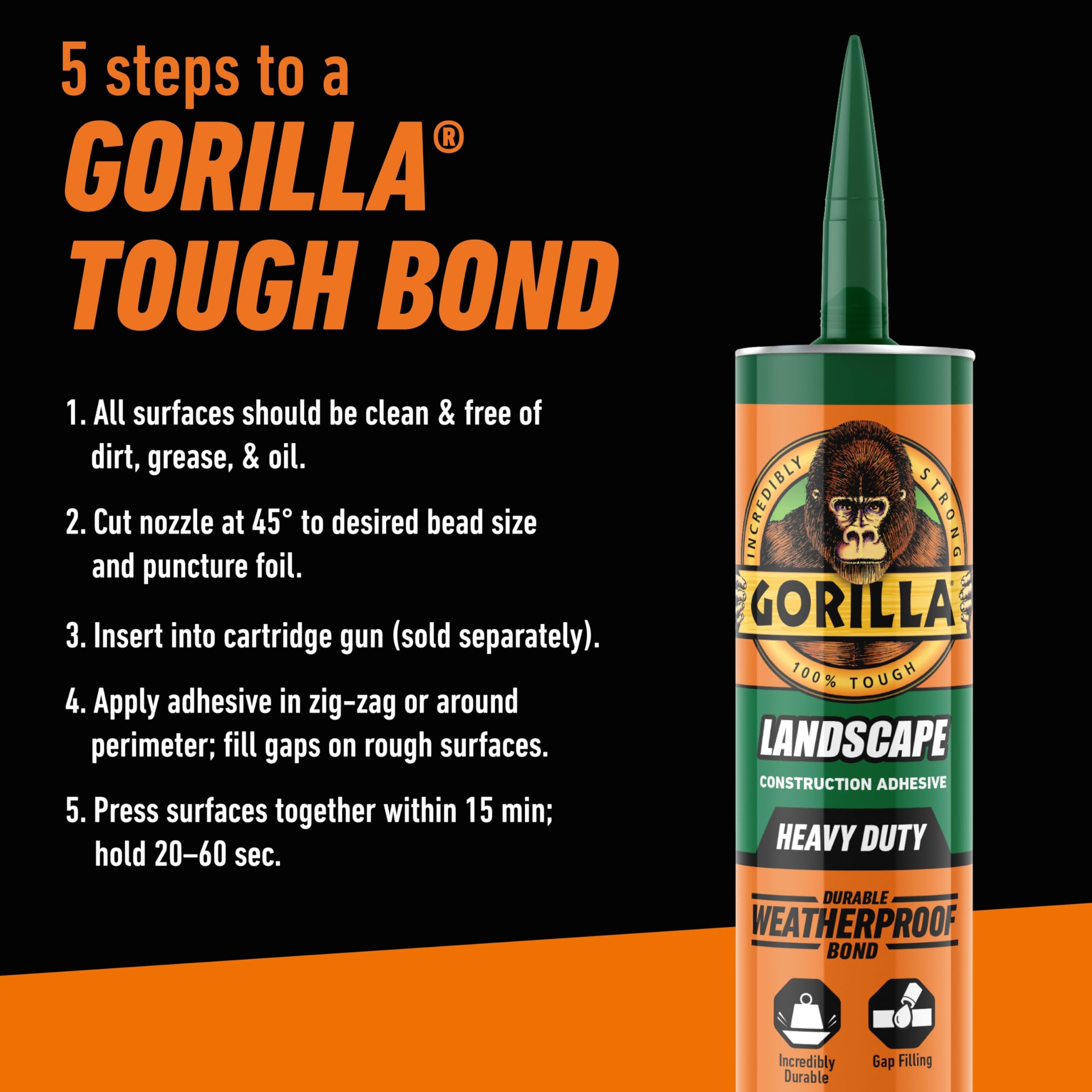 Gorilla Landscape Construction Adhesive, Heavy Duty Weatherproof Bond, Gray, 9 fl. oz. Cartridge - Image 7