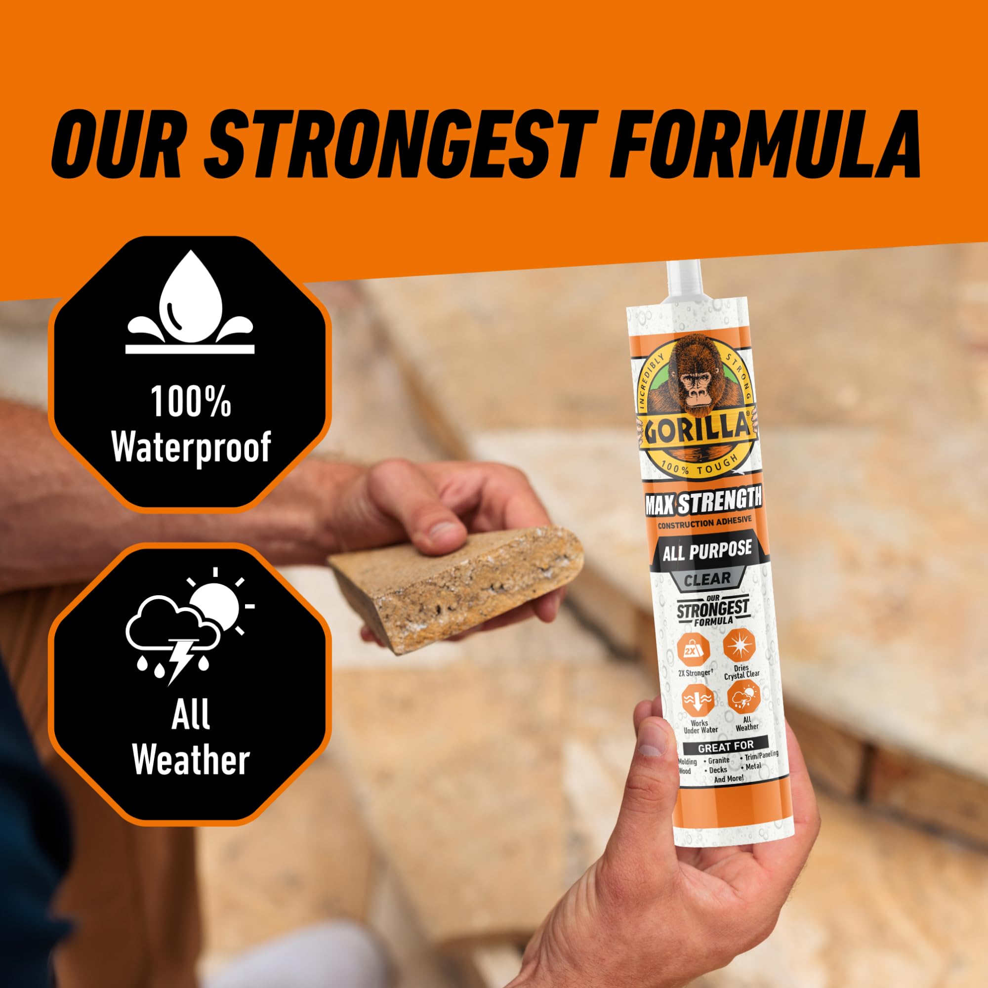 Gorilla Max Strength Construction Adhesive, Clear Glue, 9 Ounce Cartridge (Pack of 1) - Gap Filling and Waterproof - Image 4