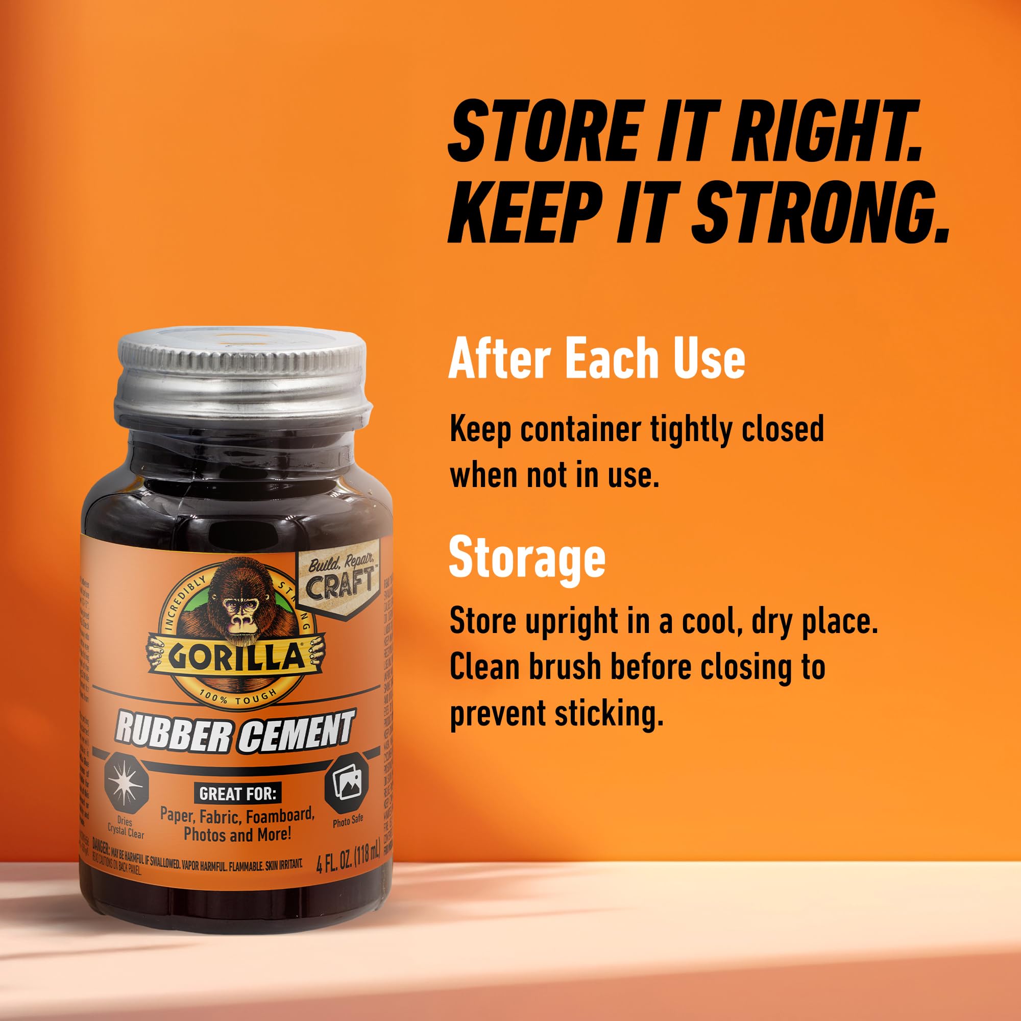 Gorilla Rubber Cement with Brush Applicator, Photo Safe, Clear, 4 fl oz, Clear (Pack of 2) - Image 7