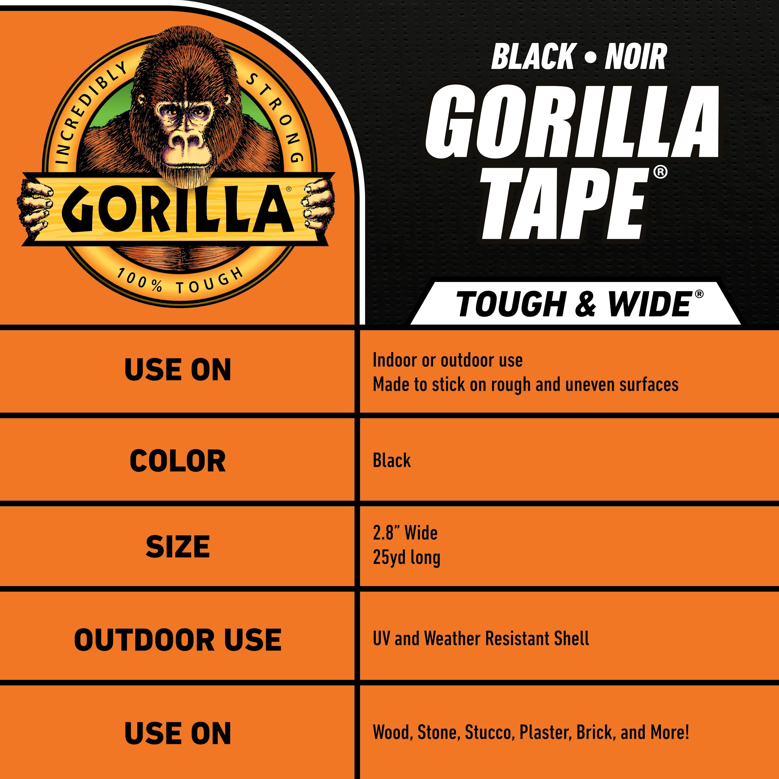 Gorilla Tape Tough & Wide, Black Tape, 2.88" x 25 yd (Pack of 4) - Heavy Duty and Weather Resistant for Indoor or Outdoor - Image 4
