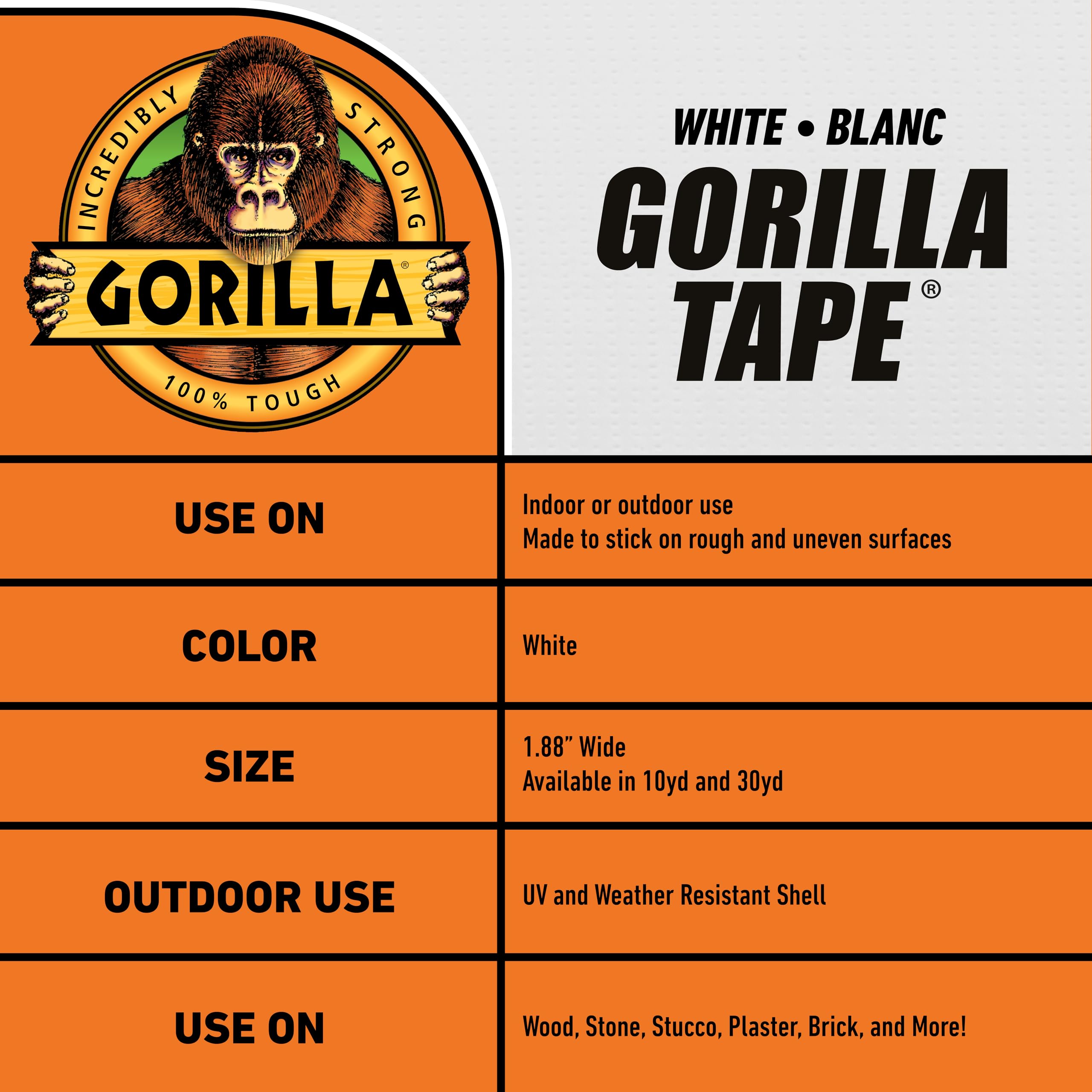 Gorilla Tape, White Duct Tape, 1.88" x 10 yd, White, (Pack of 6) - Image 5