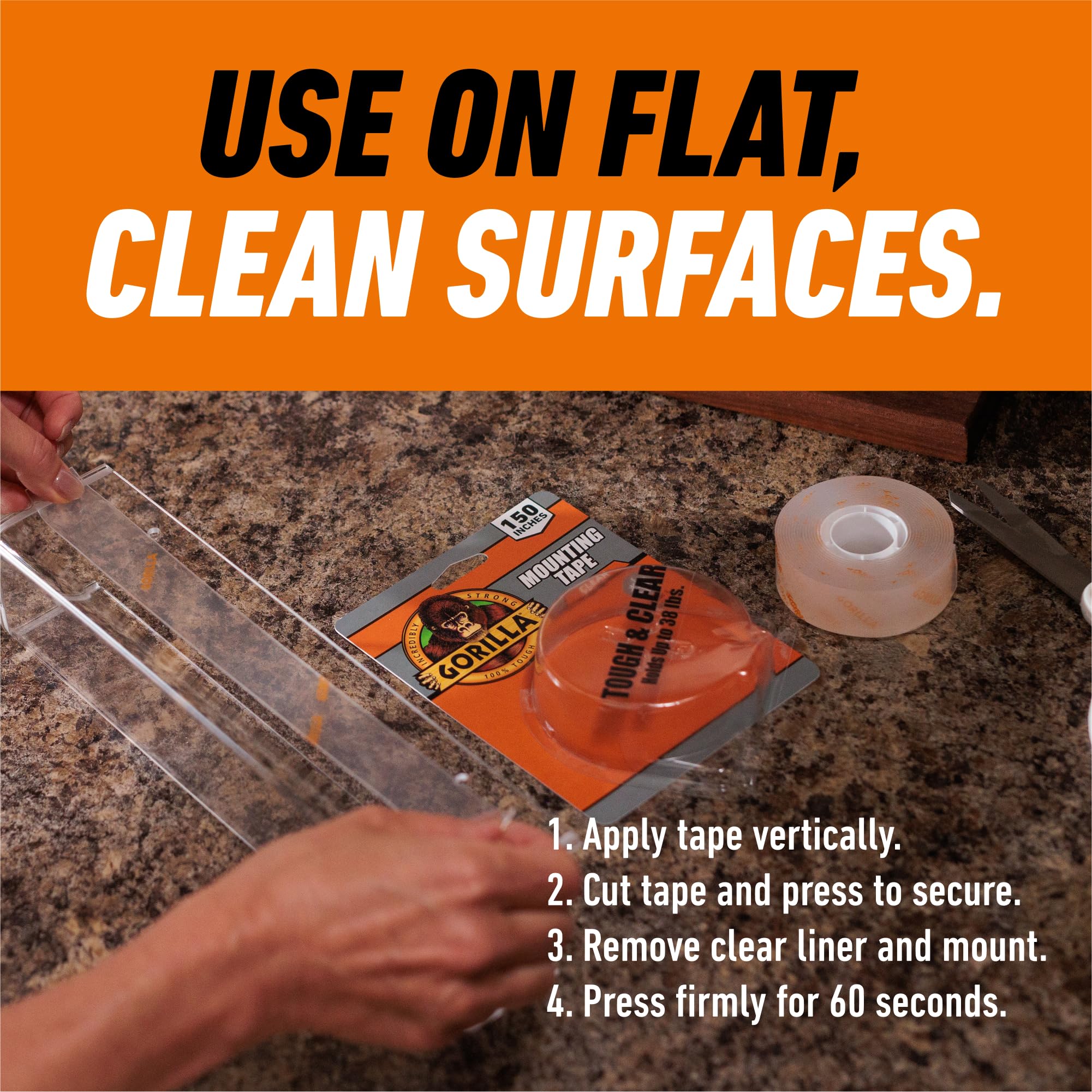 Gorilla Tough & Clear Double Sided Mounting Tape, Clear Tape, 1" x 150" (Pack of 12) - Weatherproof for Indoor or Outdoor - Image 4