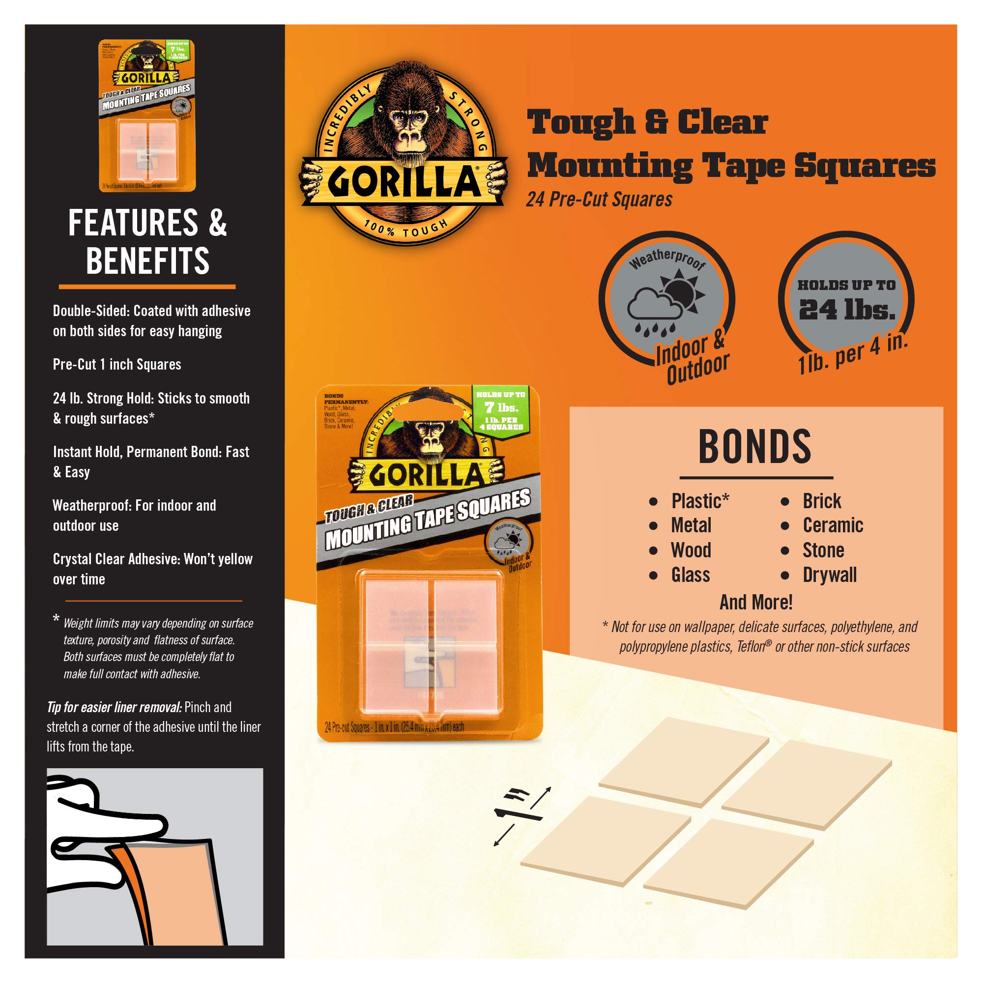 Gorilla Tough & Clear Double Sided Tape Squares, Clear Tape, 24 1" Pre-Cut Mounting Squares (Pack of 6) - Image 4