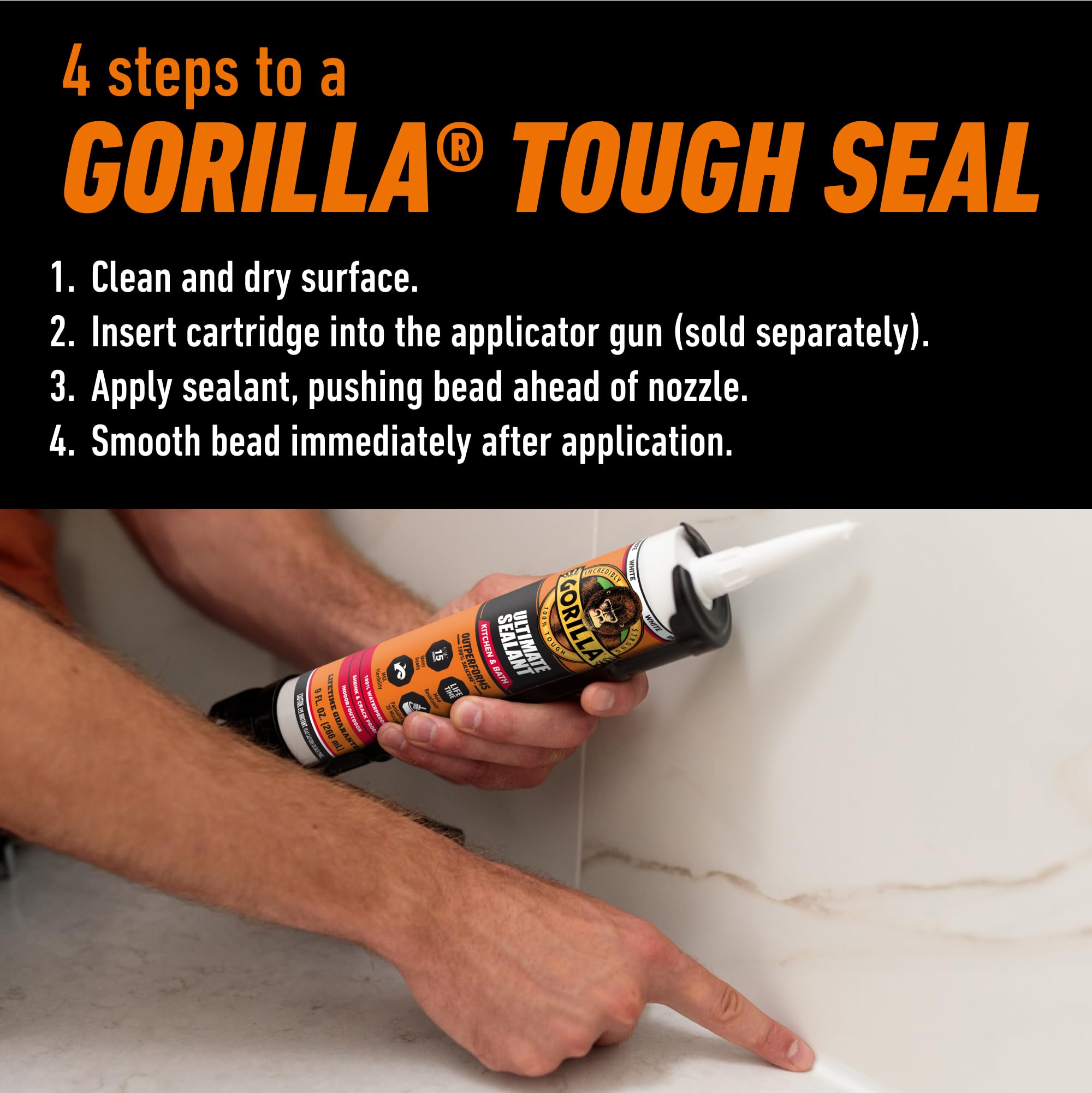 Gorilla Ultimate Sealant Kitchen & Bath Caulk, Paintable & Waterproof, 9 oz Cartridge, White - Image 5