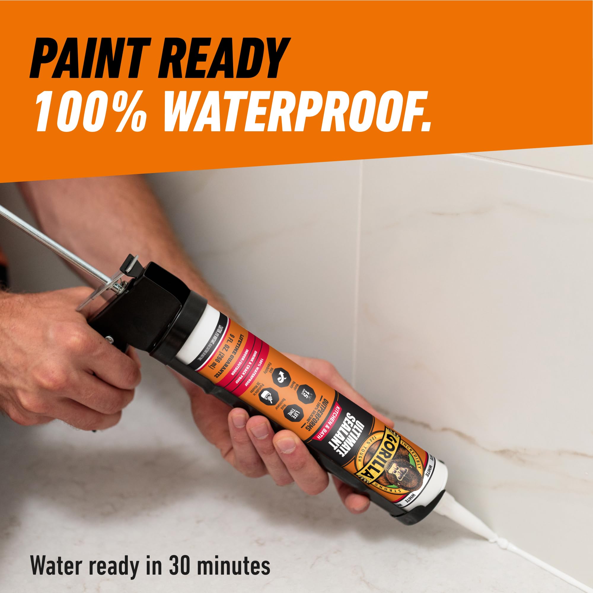 Gorilla Ultimate Sealant Kitchen & Bath Caulk, Paintable & Waterproof, 9 oz Cartridge, White - Image 6