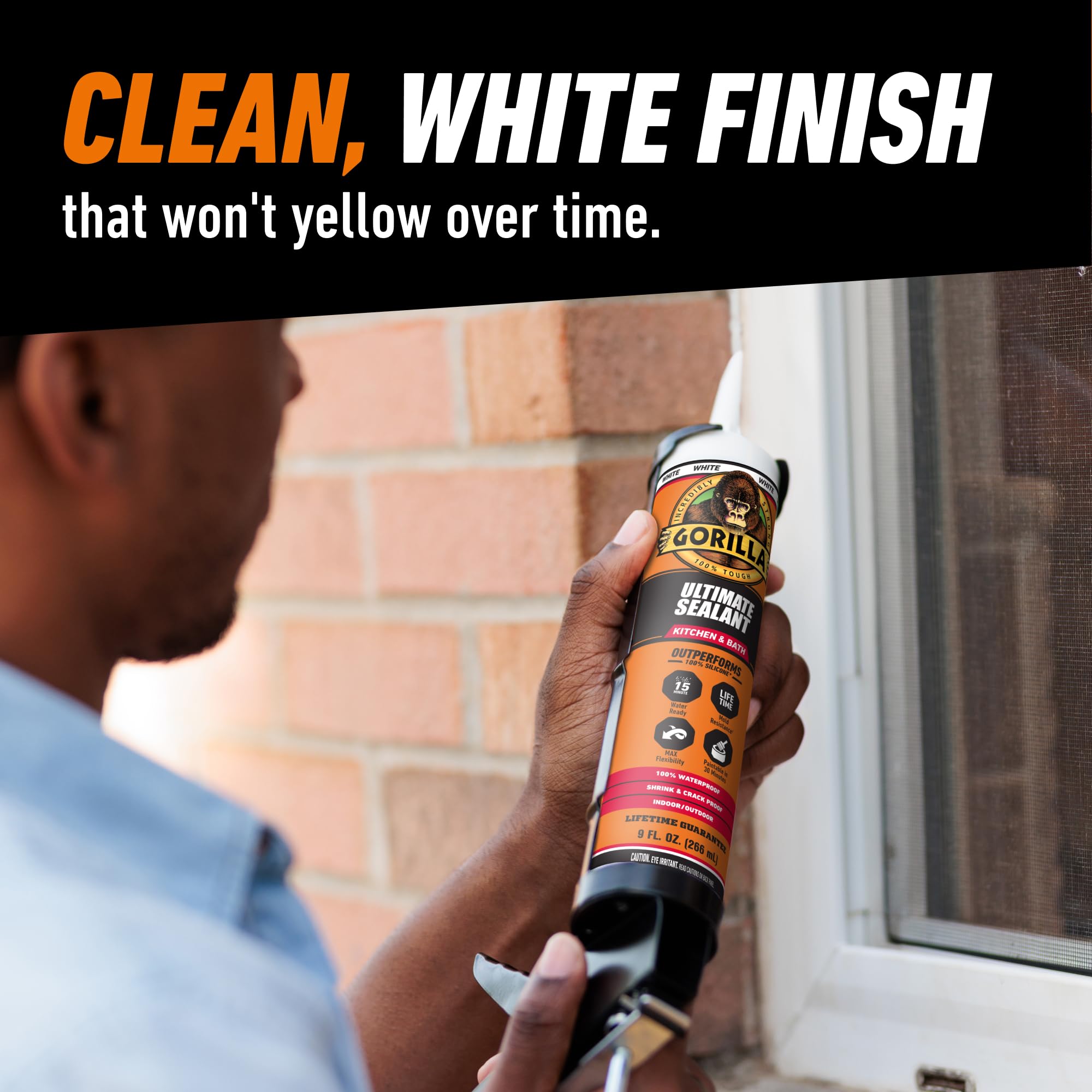 Gorilla Ultimate Sealant Kitchen & Bath Caulk, Paintable & Waterproof, 9 oz Cartridge, White - Image 7