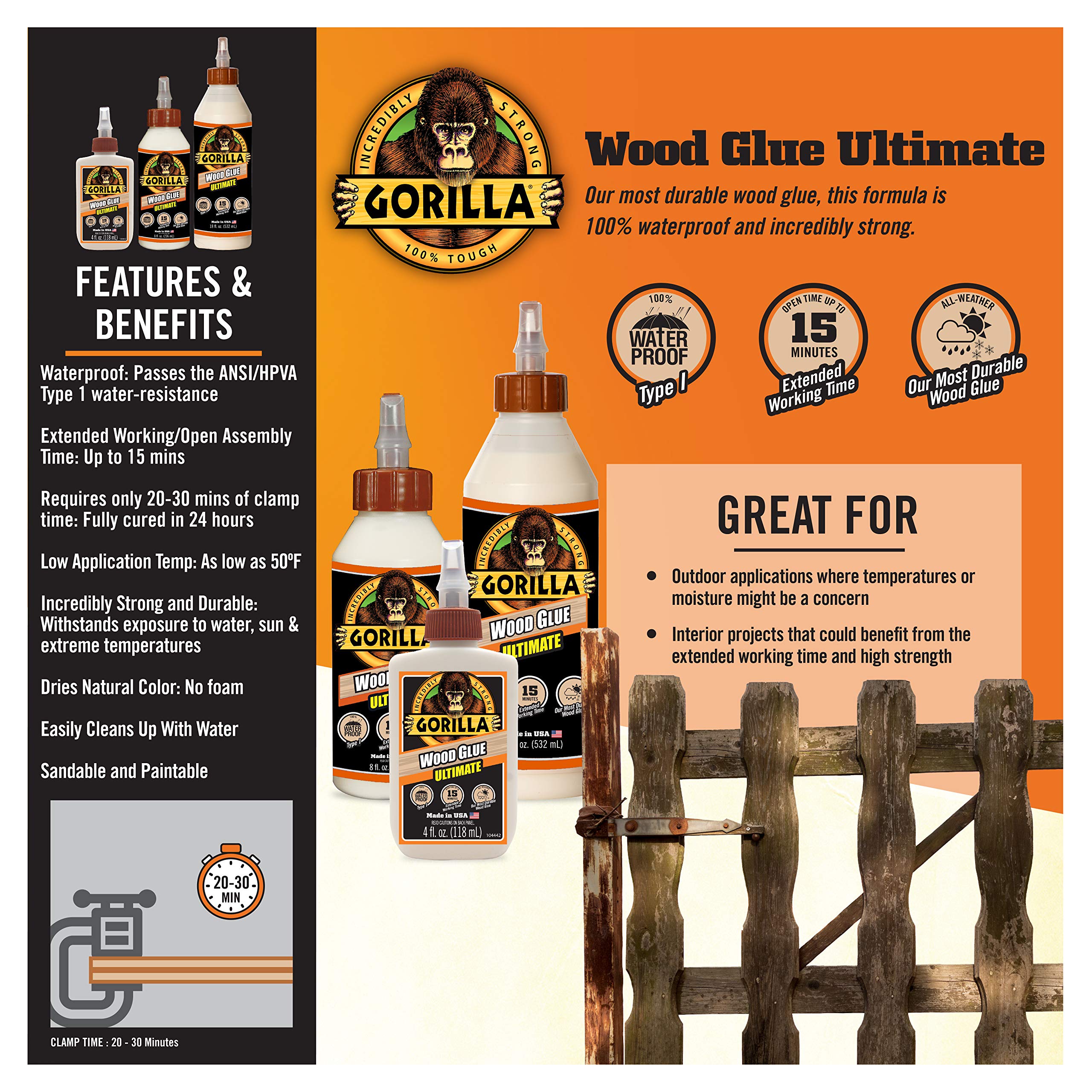 Gorilla Ultimate Waterproof Wood Glue, Natural Wood Color, 4 Ounce (Pack of 6) - Waterproof for Indoor or Outdoor Projects and Repairs - Image 4