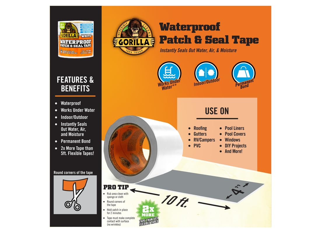 Gorilla Waterproof Patch & Seal Tape, White Tape, 4" x 10' (Pack of 1) - Permanent Weather Resistant Seal for Leaks and Repairs - Image 3