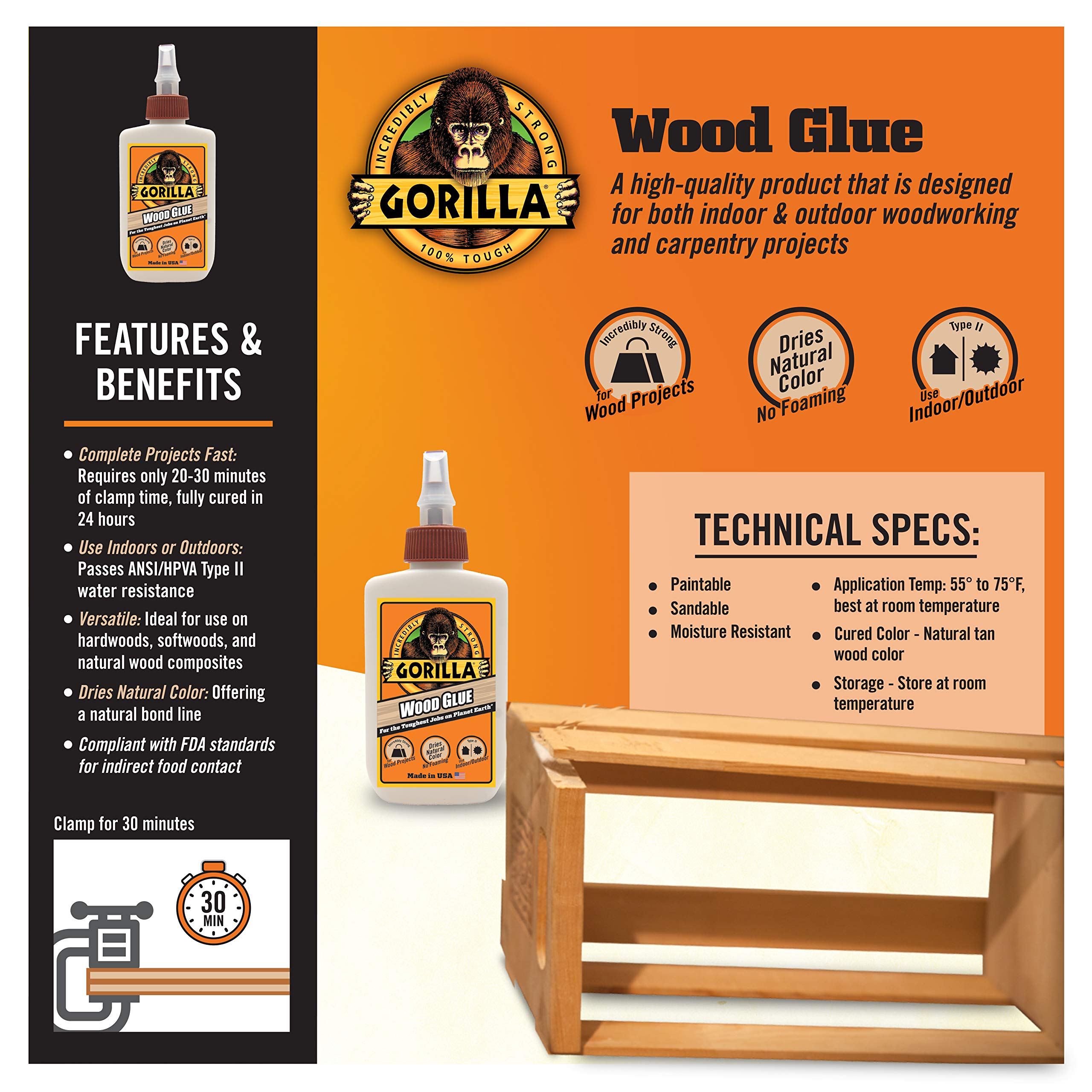 Gorilla Wood Glue, Natural Wood Color, 4 Ounce Bottle (Pack of 6) - Water Resistant for Indoor or Outdoor Projects and Repairs - Image 3