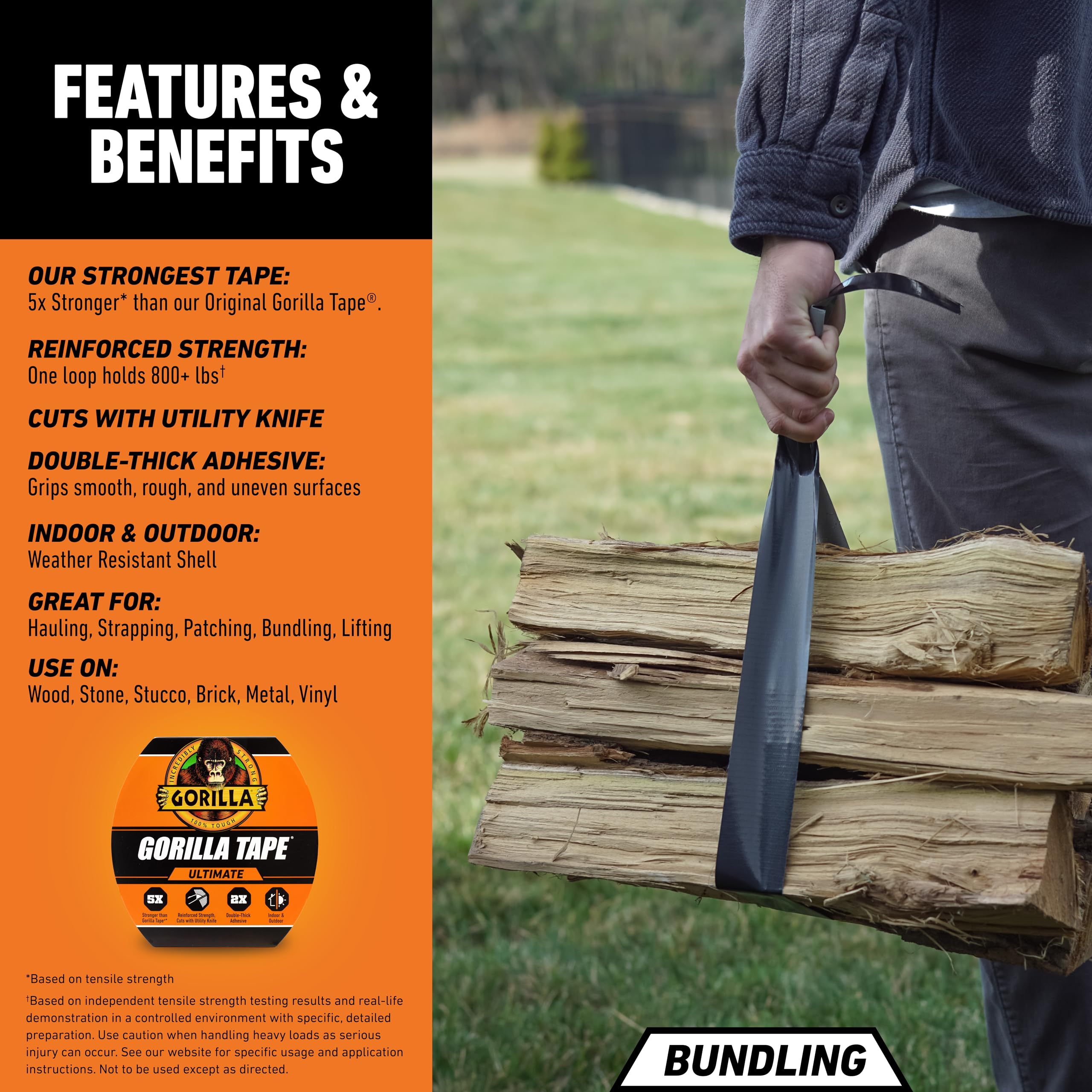 Ultimate Gorilla Tape, High Tensile Cloth with Double-Thick Adhesive for Hauling, Strapping, Patching, Bundling, Lifting, 1.88" x 20yd, Black (Pack of 1) - Image 4