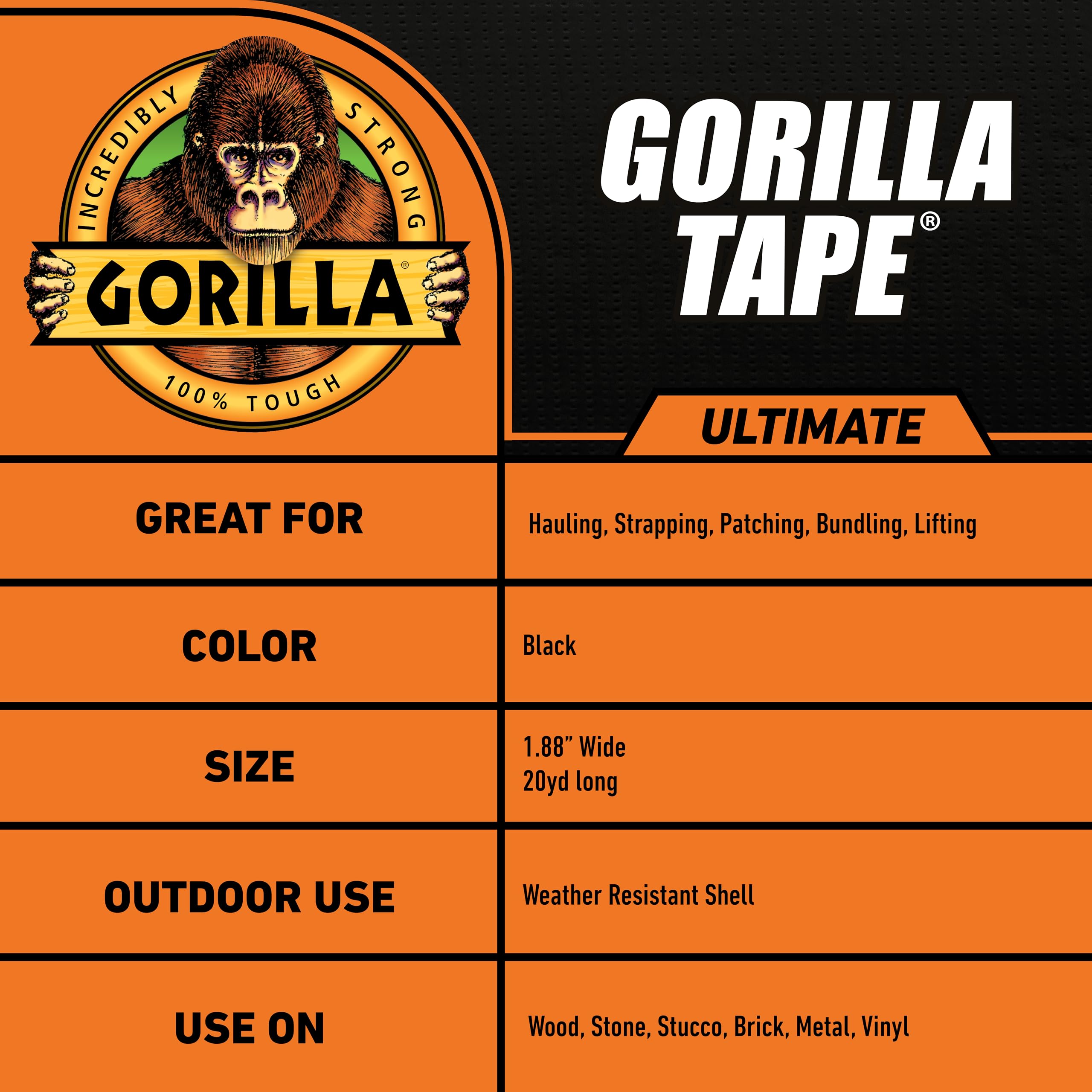 Ultimate Gorilla Tape, High Tensile Cloth with Double-Thick Adhesive for Hauling, Strapping, Patching, Bundling, Lifting, 1.88" x 20yd, Black (Pack of 1) - Image 5